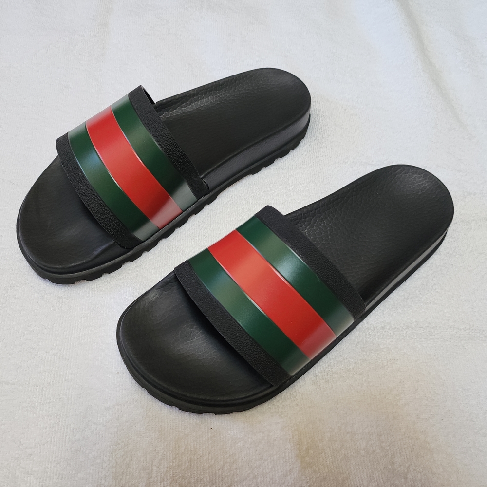 Black Slides with Red and Green Stripes